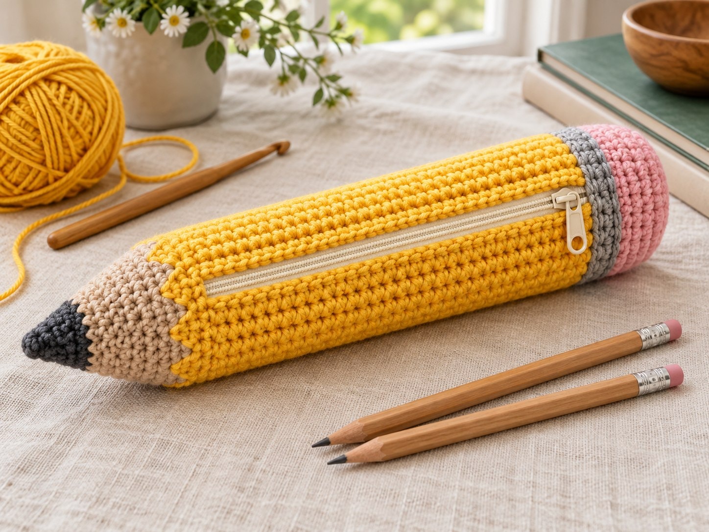 Yellow pencil-shaped crochet pencil case with a tan tip, charcoal point, pink end cap and cream zipper on linen beside yarn and pencils.