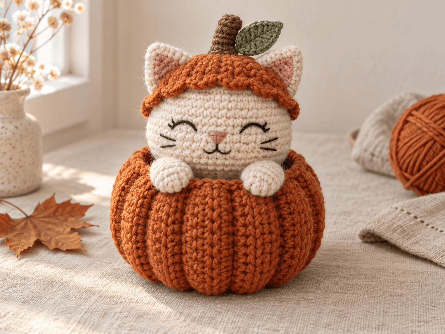 Illustrated cream crochet kitten with embroidered sleepy eyes peeking from a rust-orange ribbed pumpkin shell under a small stemmed cap.