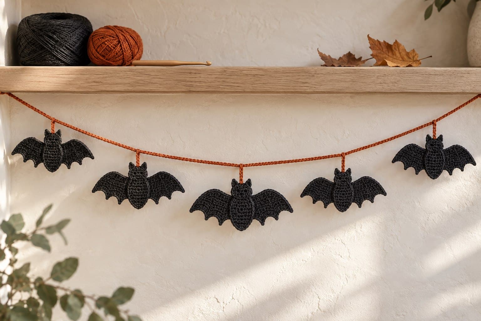 Five flat charcoal crochet bats hanging from a burnt-orange cord beneath a pale oak shelf in soft autumn light.