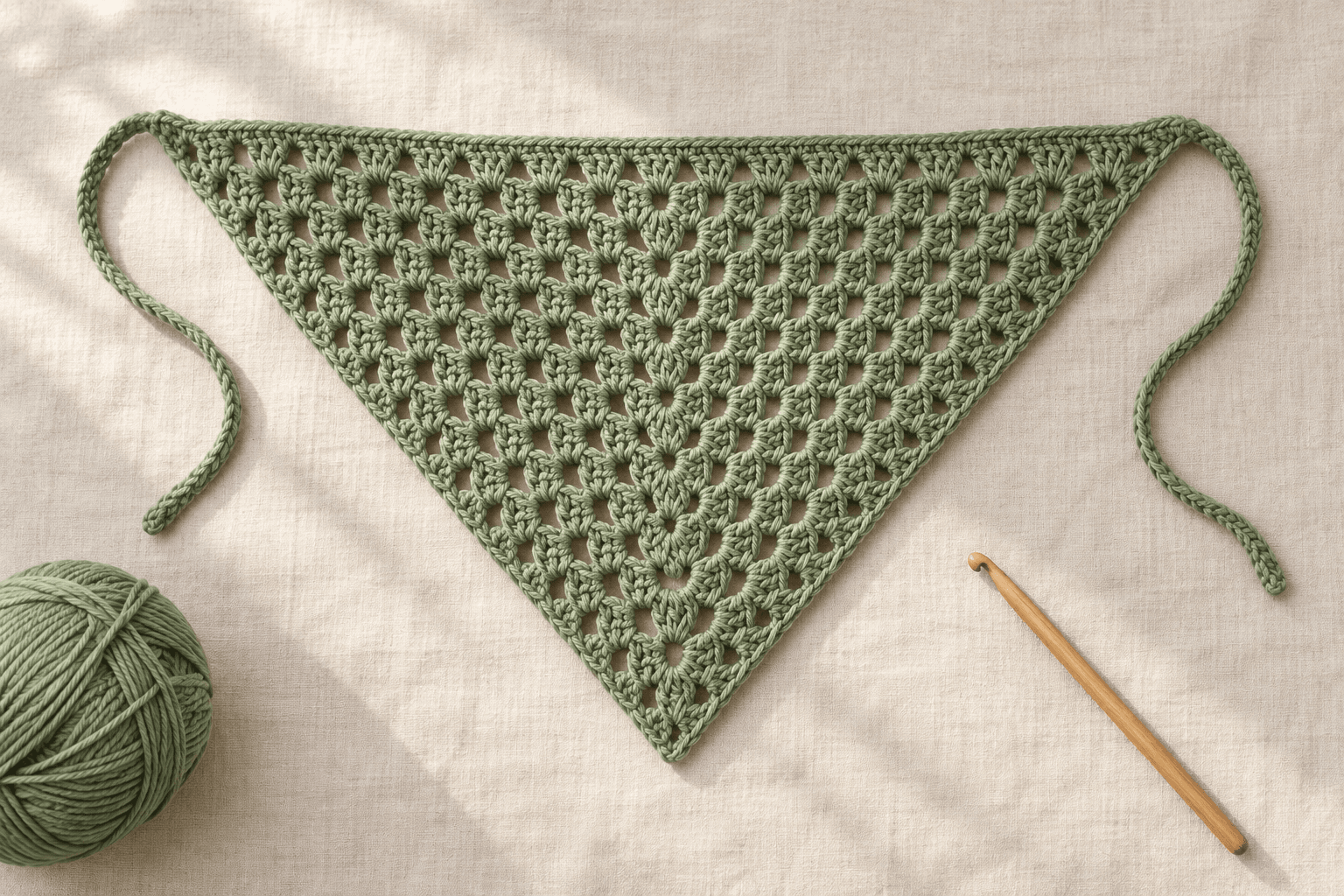 Illustration of a sage-green granny-stitch triangular bandana with two ties on ivory linen.