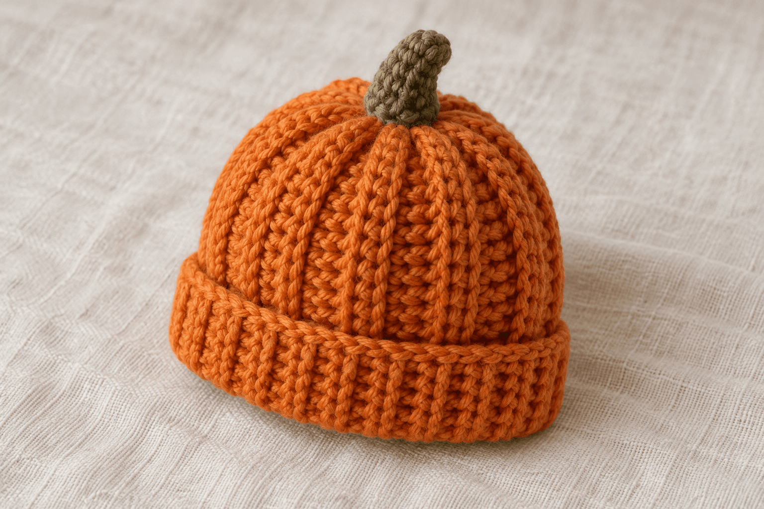Illustrated orange ribbed baby pumpkin crochet hat with a folded cuff and short green stem.