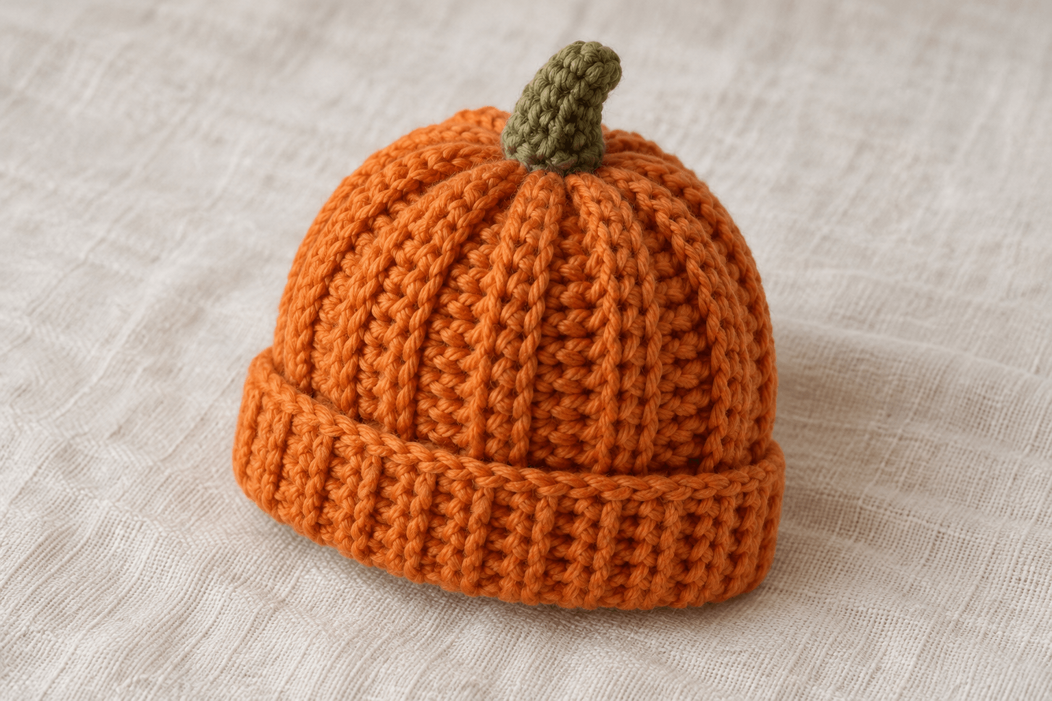 Illustrated orange ribbed baby pumpkin crochet hat with a folded cuff and short green stem.
