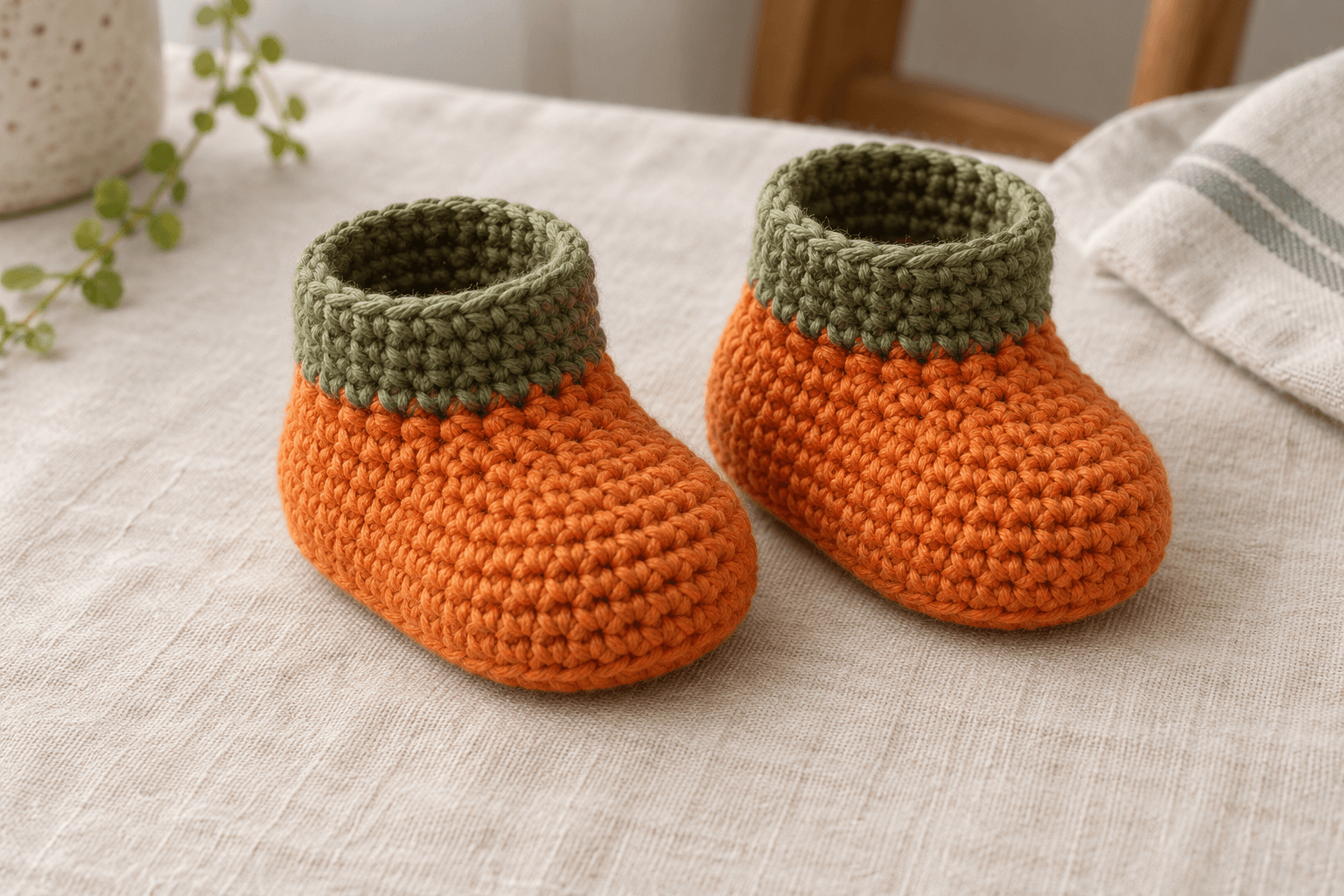 Illustrated pair of orange crochet baby booties with rounded toes and short olive green cuffs.