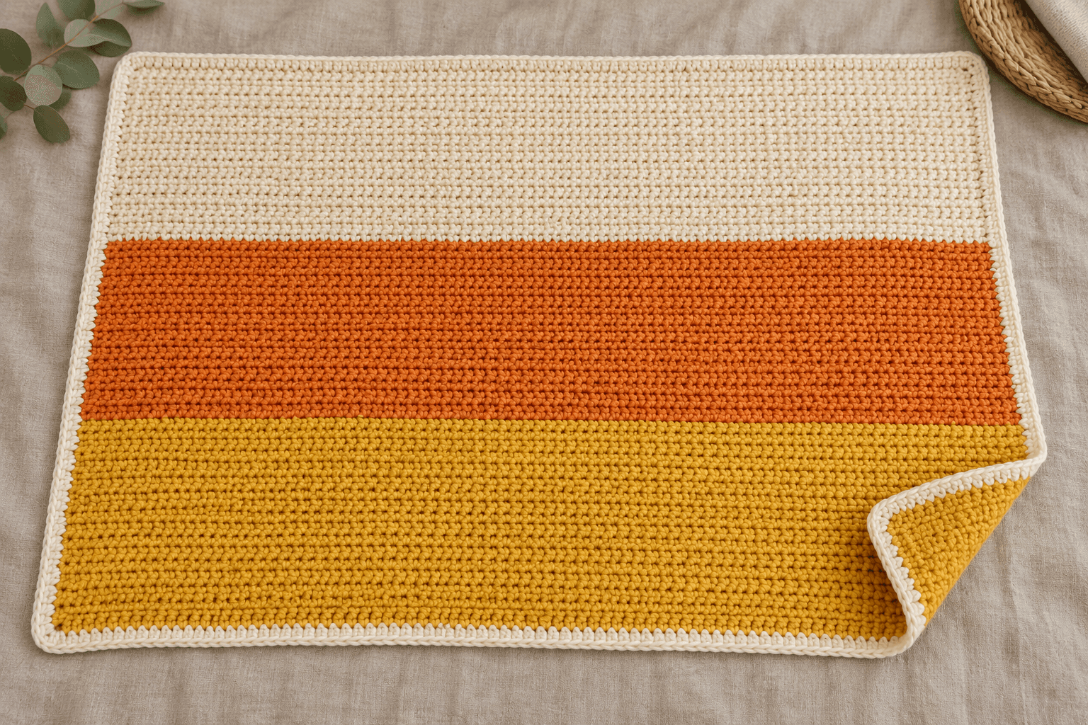 Illustrated candy corn colour-block crochet blanket in ivory, orange and yellow with a narrow ivory border.