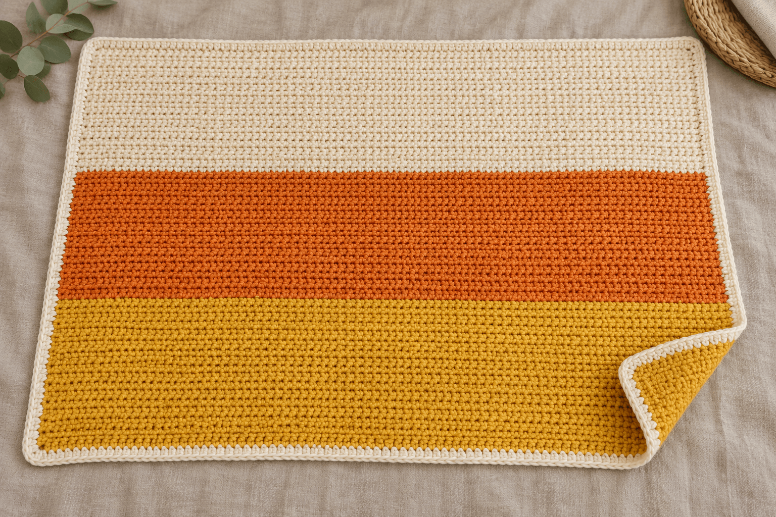 Illustrated candy corn colour-block crochet blanket in ivory, orange and yellow with a narrow ivory border.