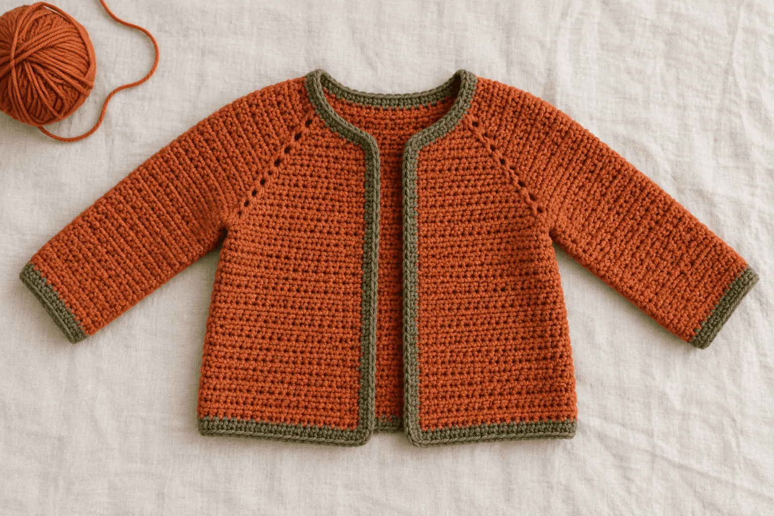 Illustrated orange open-front raglan baby cardigan with narrow olive edging at the neck, fronts, hem and cuffs.