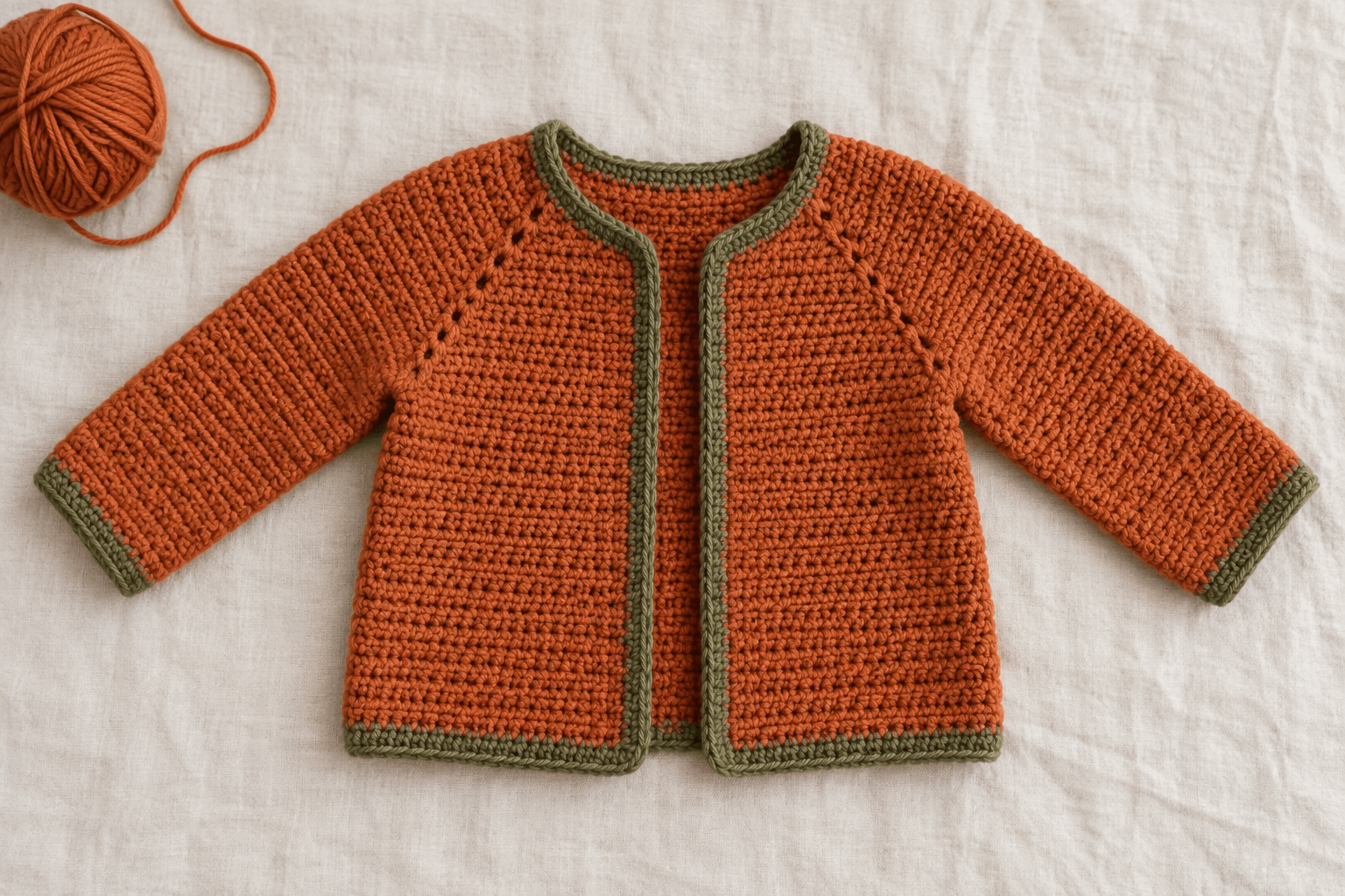 Illustrated orange open-front raglan baby cardigan with narrow olive edging at the neck, fronts, hem and cuffs.