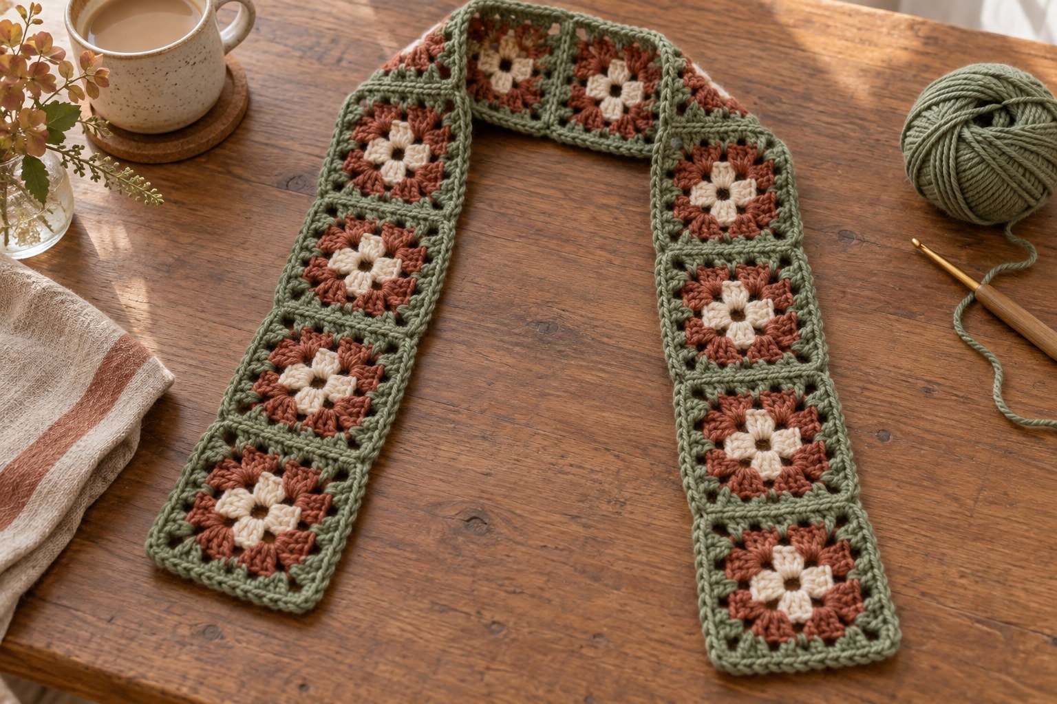 Concept illustration of a narrow sage, rust and cream granny-square scarf arranged on a wooden table with yarn and a hook.