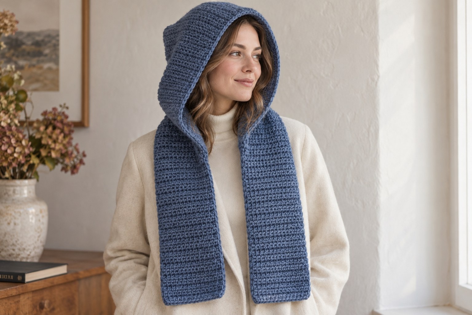 Illustration of an adult in a cream coat wearing a dusty-blue crochet hooded scarf with the hood up and two open rectangular tails.